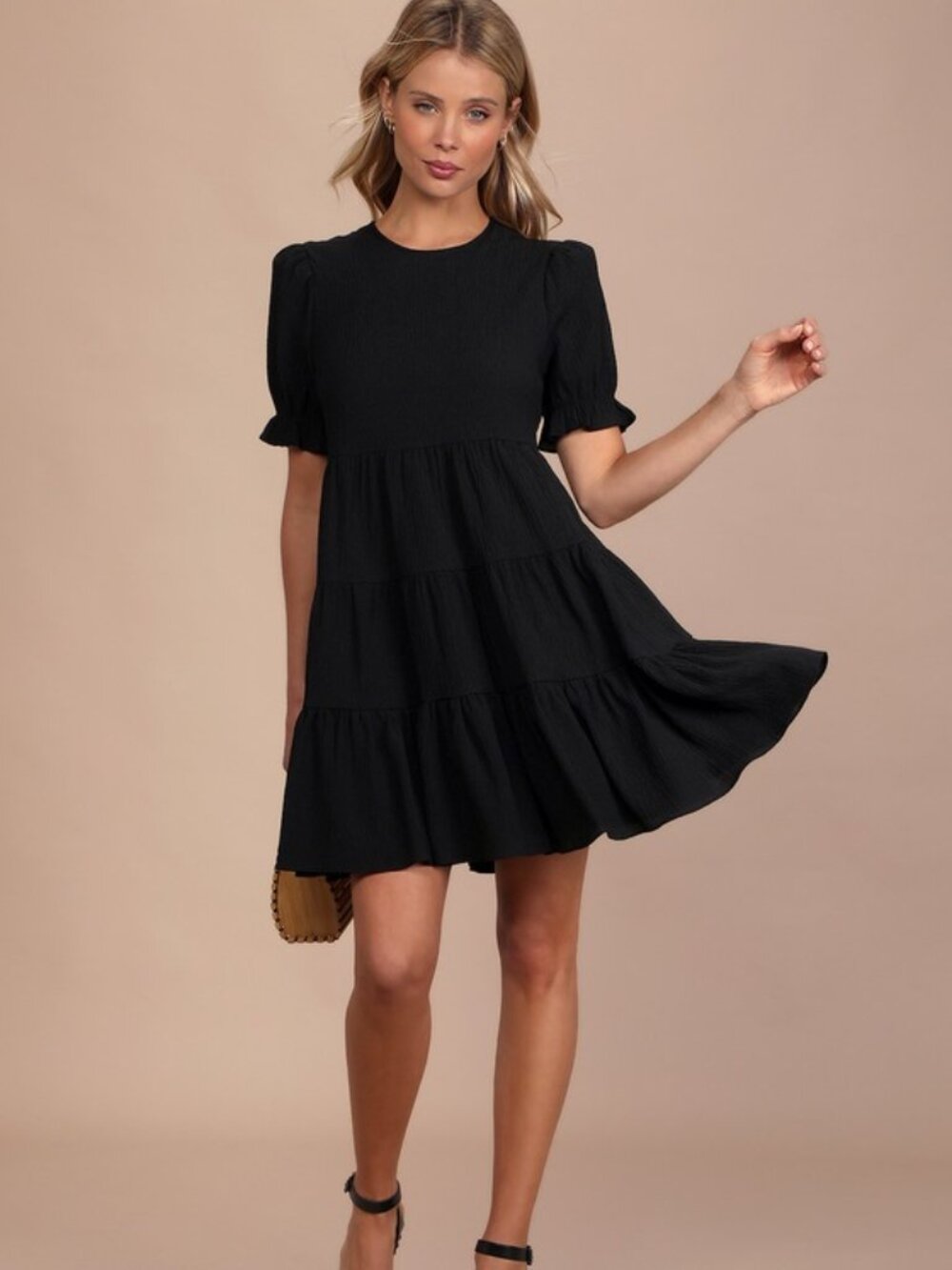 Lulus Favorite Day Black Puff Sleeve Tiered Mini Dress - Size XS